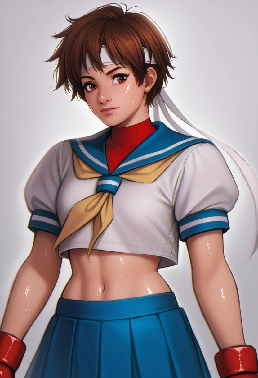 score_9, score_8_up, score_7_up, score_6_up,sakura kasugano, brown eyes, brown hair, short hair, blue skirt, crop top, headband, midriff, miniskirt, navel, sailor collar, school uniform, short sleeves, skirt, stomach, shirt, white shirt, white headband, gloves, red gloves,, sweating, detailed body, shiny skin , p4l0m4, web comic