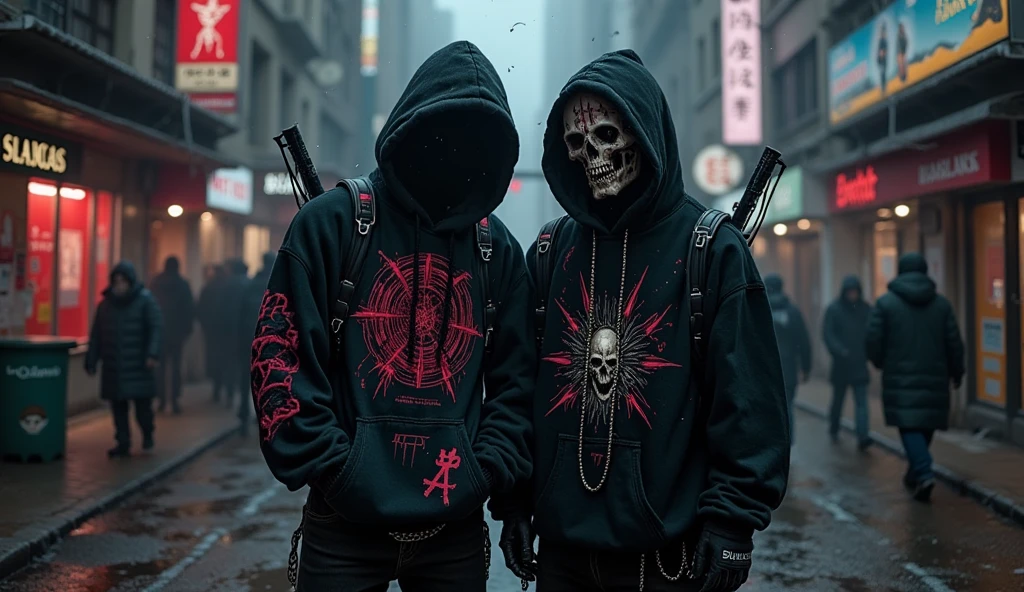 arafed hooded sweatshirt with a hoodie and a hoodie with a skull on it, cyberpunk streetwear, wearing cyberpunk streetwear, techwear occultist, outlive streetwear collection, bladee from drain gang, hat and hoodie, hellcore, wearing japanese techwear, apocalyptic vibes, techwear look and clothes, wearing space techwear, wearing apocalyptic clothes