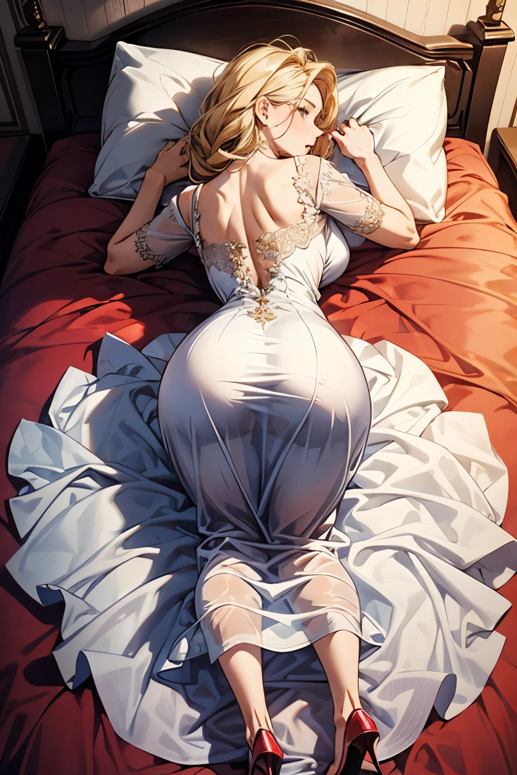  blonde woman in a tight silk nightgown dress.  sexy look facing the viewer .  lying on the bed . Rear View, full body dress . Normal sized ass