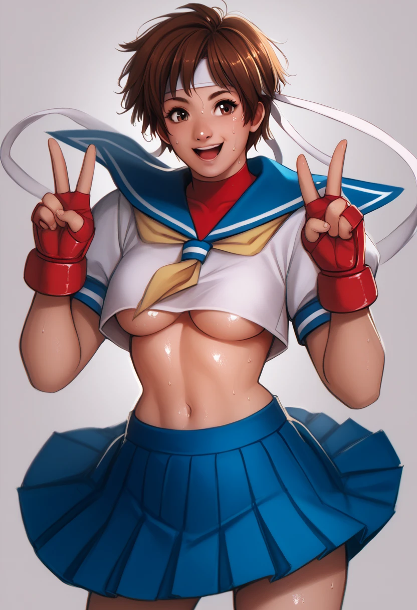 score_9, score_8_up, score_7_up, score_6_up,sakura kasugano, brown eyes, brown hair, short hair, blue skirt, crop top, headband, midriff, miniskirt, navel, sailor collar, school uniform, short sleeves, skirt, stomach, shirt, white shirt, white headband, gloves, red gloves,, sweating, detailed body, shiny skin , p4l0m4, web comic, happy,v, flying skirt, flying top,clothes underboob