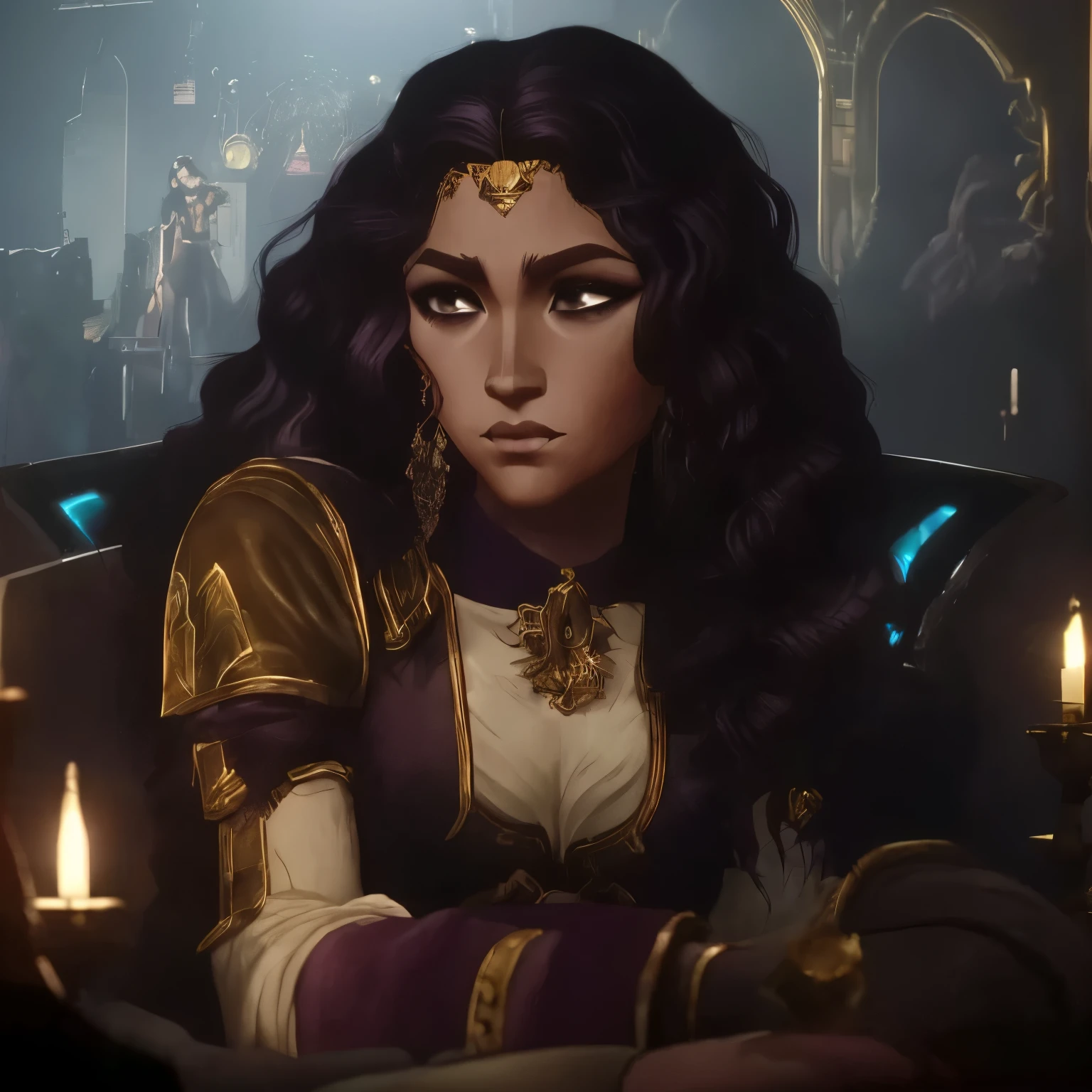  Well I create an OC girl with curly purple hair, long,  who has tan skin and brown eyes ,  that has a look of determination  