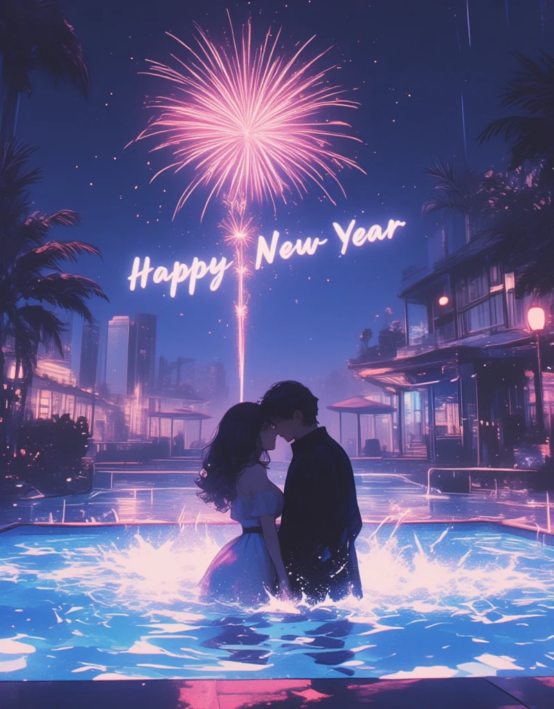 "Happy New Year" will be displayed on the screen as a header.

New Year's night pool, fireworks of celebration, Late Night, Glowing night pool, The darkness and lights create a stylish atmosphere, An extraordinary resort-like vibes,

Do you remember when we snuck into the swimming pool in the middle of the night, too early to call ourselves lovers?

Dive, The splashes of water sparkle,
It shines as if bathed in moonlight.

The party for just the two of us continues.
It's a miracle!

The fireworks of celebration light up the darkness. 
Dive The splashes of water sparkle.
It shines as if bathed in  moonlight. GLSHS , xijie_blue