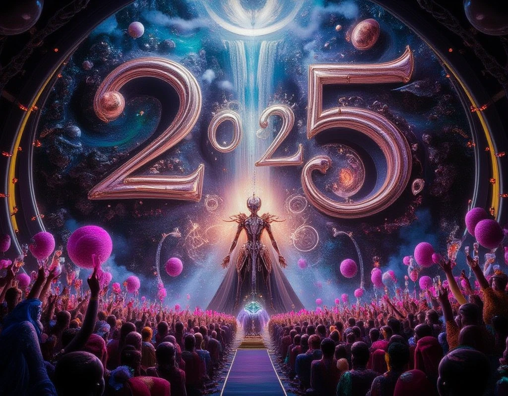 A symbol of a the text word "Welcome 2025" on divinity guardian of the galaxies in a giant structure like a galactic gateway with steps, cheering alien people in a crowded holding wine glass, vibrant multi-colored, H. R. Geiger style, Cyberpunk, Steampunk, Mix-punk, High definition, Photo realistic, specified, Space Art