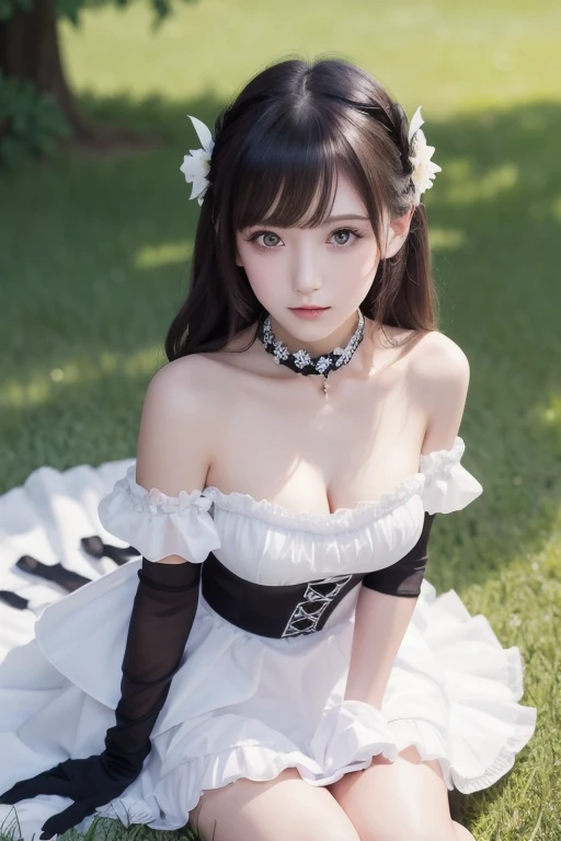 ((Top Quality)), ((Excellent)), (Details), ((Japanese)), Ultra-Realistic, Stunning Environment, Vivid Colors, , Black Hair, (Young Face), ((Straight Hair)), Shiny Hair, medium Breasts, ((White Maid Outfit)), ((French Maid)), ((White Brim)), ((from_side)) , ((From Above)), ((Blue Eyes)), Half-Smiling, ((topless)), Upper Body, Shiny Hair, Blunt Bangs, ((medium Breasts)),((Emphasized Cleavage)) , ((Leaning Forward)), ((Blue Eyes)), Masterpiece, Ultra-Realistic, ((Upper Body)),((topless)), Outdoors, Grassland, Flower Field, Natural Light, Vivid Colors,((topless)),
