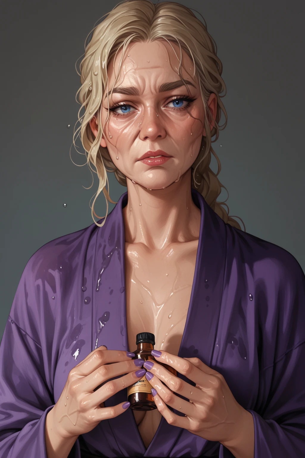 score_9, score_8_up, score_7_up,, (middle aged woman with some wrinkles) , sweating, shoulder length gray|blonde hair, dark blue eyes, purple robe, bottle of nailpolish in hands, unsure expression, wet hair