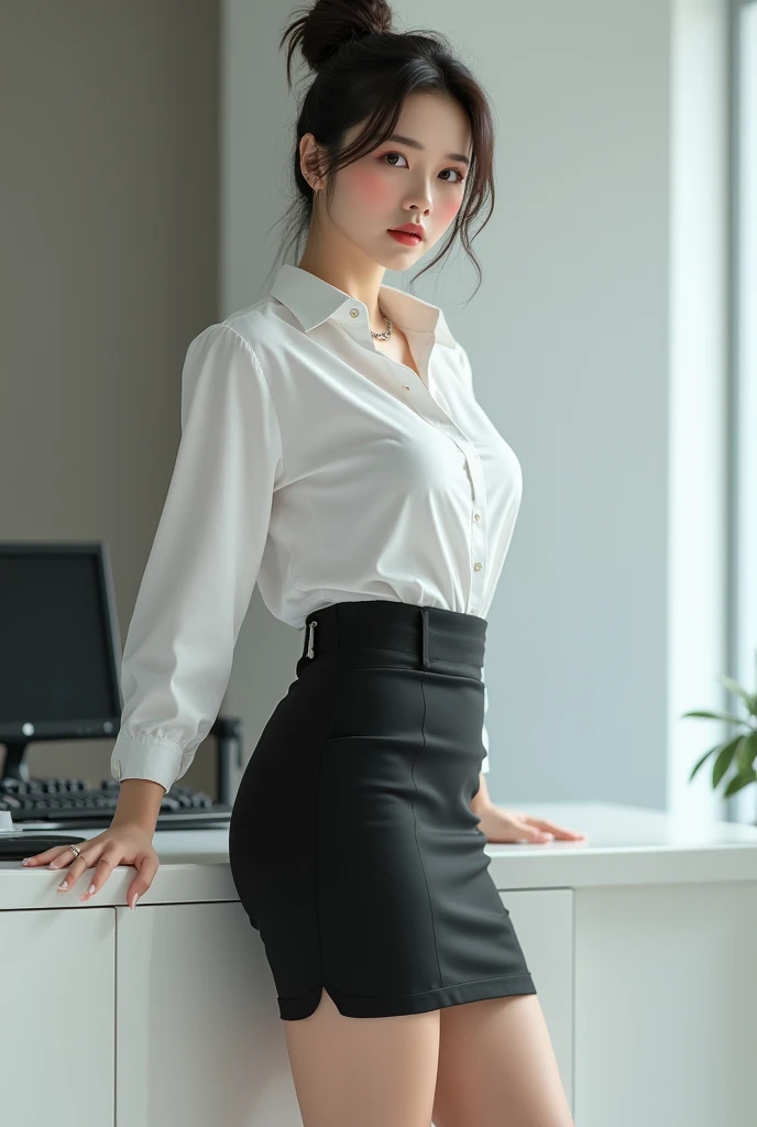 Bend over,open legs,torn pantyhose,orgasm,ahegao,Describe a female office worker in her thirties wearing a tight skirt in a professional office environment. The woman looks confident, is dressed in business casual attire, and can see her desk and computer in the office background."