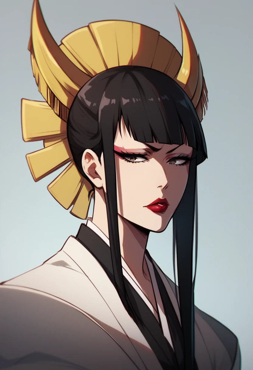 senjumaru shutara, long hair, bangs, blunt bangs, black hair, sidelocks, black eyes, makeup, lipstick, red lipstick