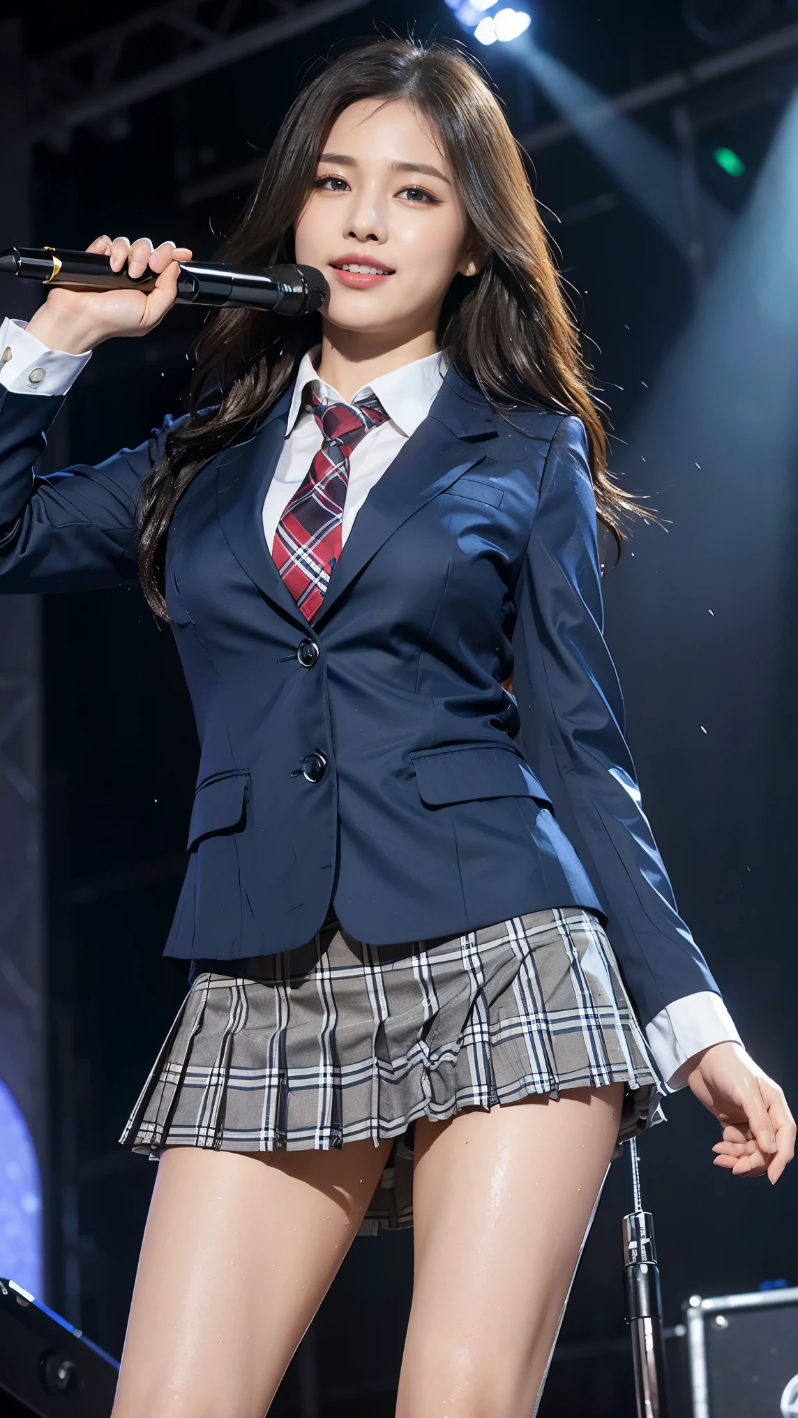 (8K), (highest quality: 1.2), (realistic), (realistic: 1.47), ultra high resolution, 1 Korean girl, cute, smile, closed mouth, (thick lips:1.2),red lip,(Purse your mouth),beautiful details, beautiful nose,(Straight shiny black hair),Standing on the concert stage,hold the microphone in your right hand,Bend your elbows and raise your hands,(University Student Uniform,A simple navy blue blazer,white satin shirt,tie,Tartan check pleated skirt,opaque tights:1.2),(Close up on wet thighs:1.2),(knees),(super low angle:1.2),(medium shot),