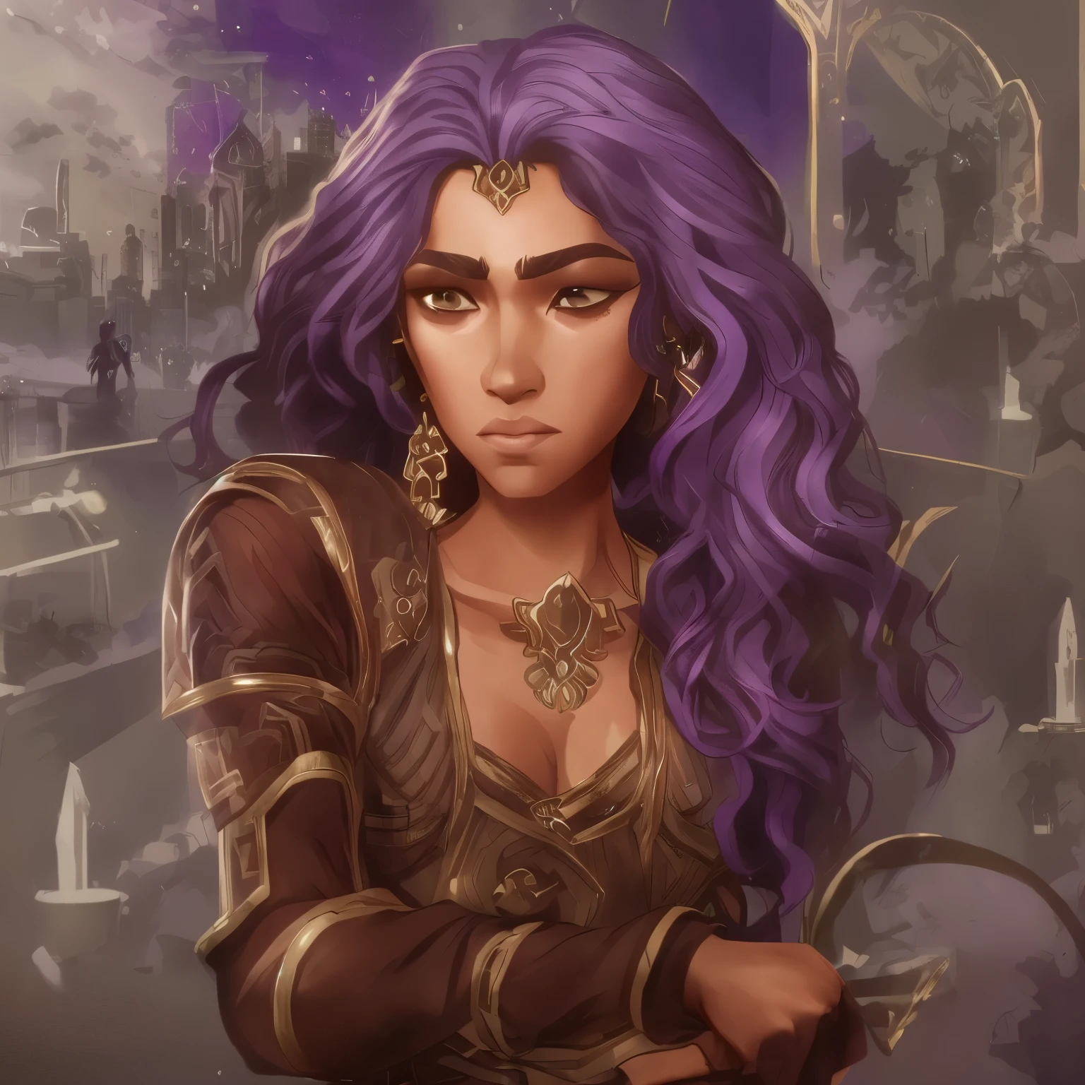 Well I create an OC girl with curly purple hair, long, who has tan skin and brown eyes , that has a look of determination