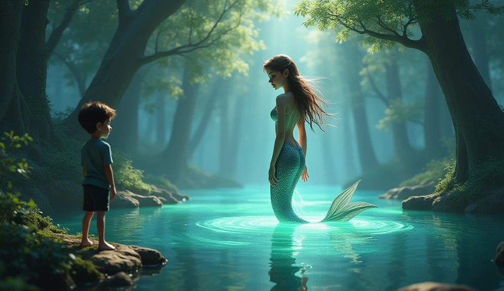 A boy in a lake finding a mermaid