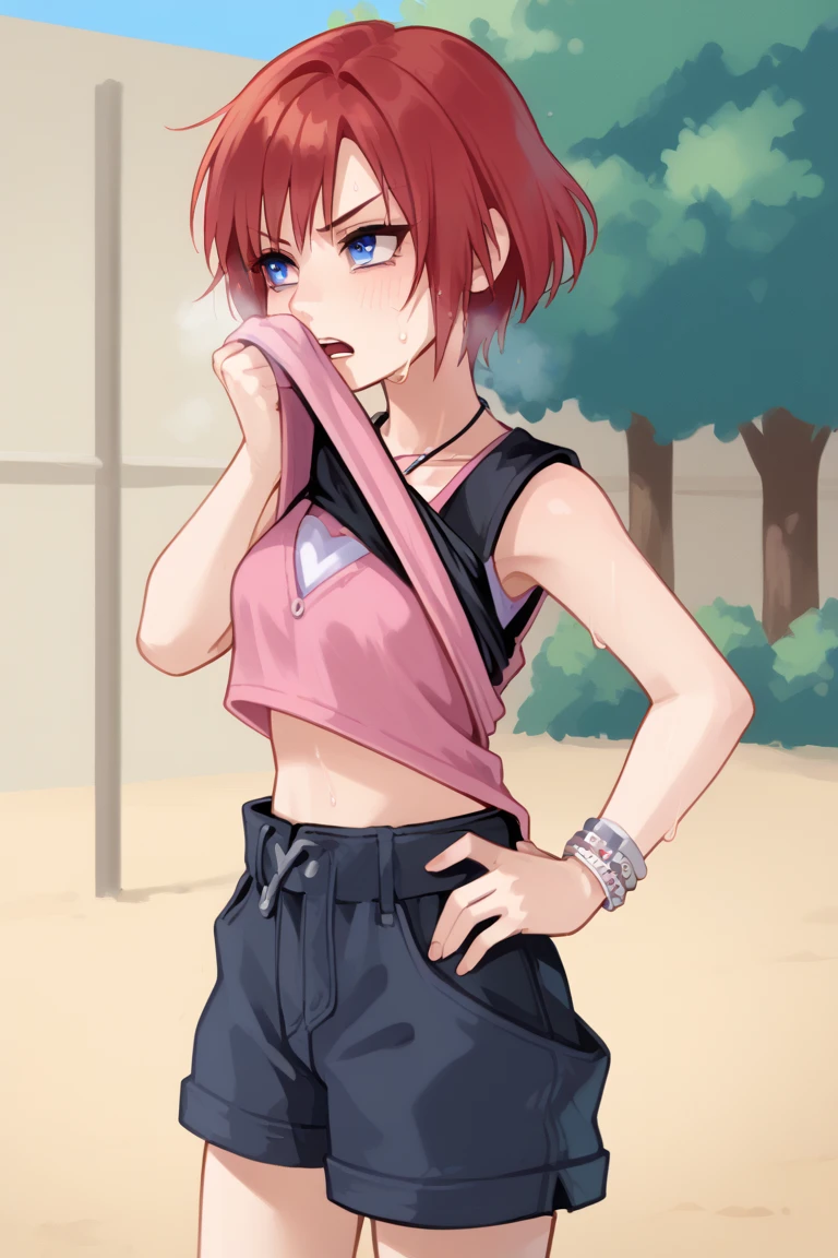 score_9, score_8_up, source_anime, highly detailed, 1girl, solo,
kairi, 1girl, solo, blue eyes, jewelry, boots, necklace, short hair, red hair, pink tanktop, black short shorts, half body,
outdoor, hands on hips, out of breath, sweaty, frustrated expression,  open mouth, wiping face, wiping sweat, lifted by self, shirt lift, shirt, sweat, 