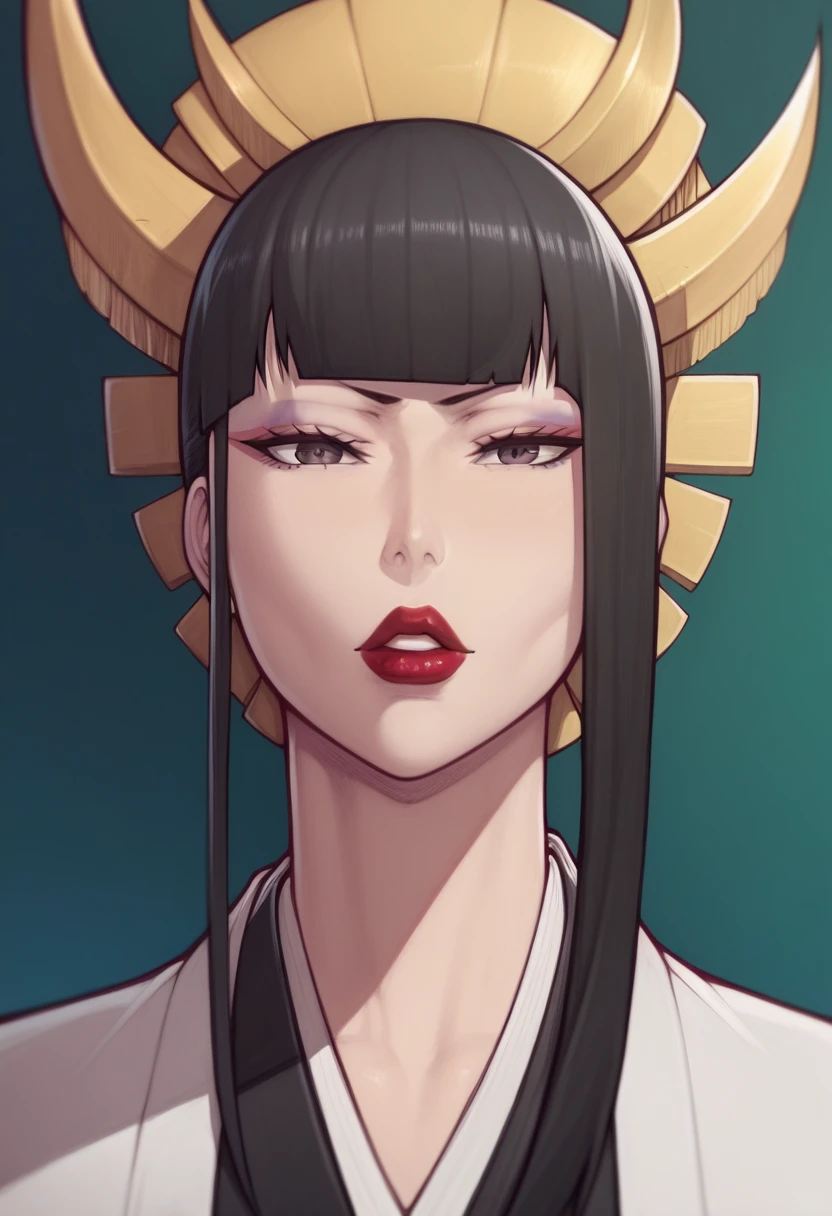 Asura style, senjumaru shutara, long hair, bangs, blunt bangs, black hair, sidelocks, black eyes, makeup, lipstick, red lipstick