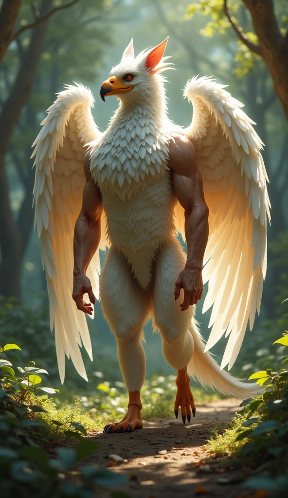 ultra-detailed, masterpiece, masterwork, high quality, best quality, hdr, (nature), nsfw, male, solo, lion, ((nude)), (white little body lion), (long silver hair, beak, yellow eyes), sitting, dynamic angle, (foreskin, perfect balls), Hands and wings in one piece,