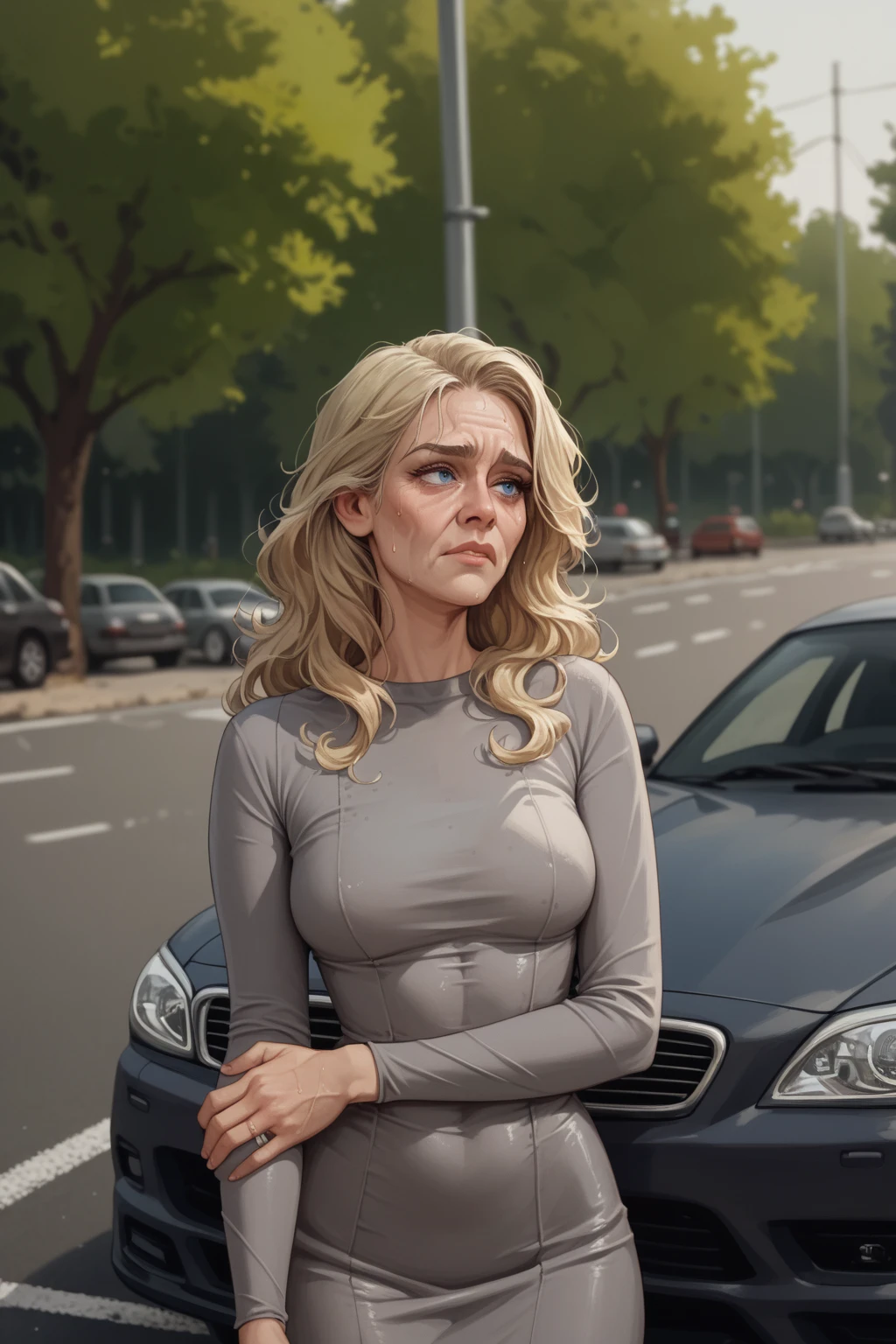 score_9, score_8_up, score_7_up,, (middle aged woman with some wrinkles) , sweating, shoulder length gray|blonde hair, dark blue eyes, gray tight dress, near car, very unsure_anxious, hand on arm