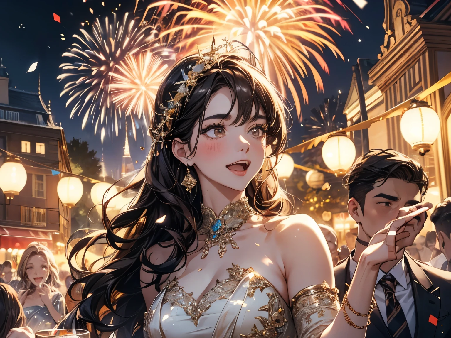 "happy New Year" with fireworks, beautiful female celebrating New Year's Eve party, detailed faces, long eyelashes, elegant dresses, holding champagne glasses and raising arms to celebrate, sparkling lights, confetti, festive decorations, warm lighting, cinematic, highly detailed, photorealistic, 8k, creating a vibrant impression, away from the camera, anatomically correct