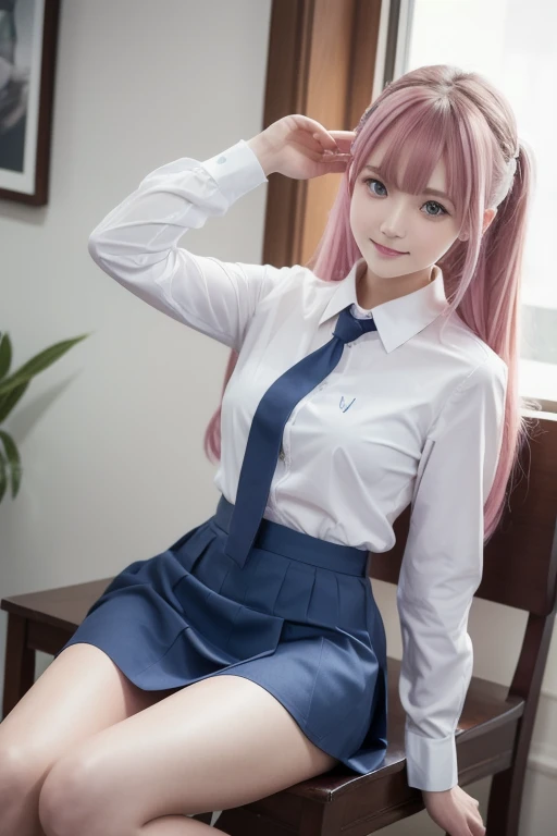 (1girl:1.4), (solo:1.4), 18-year-old,
BREAK
(blunt bangs:1.7), (long hair, pastel pink hair, dark-blue eyes, symmetric light-blue hairpins:1.5), (smile:1.2), sitting,
BREAK
sitting on desk, (school uniform), (white-shirt, dark-blue skirt, blue necktie:1.3), white socks,
BREAK
classroom, blackboard, sunset, desk,
BREAK
best quality, masterpiece, highly detailed CG unity 8k wallpaper,