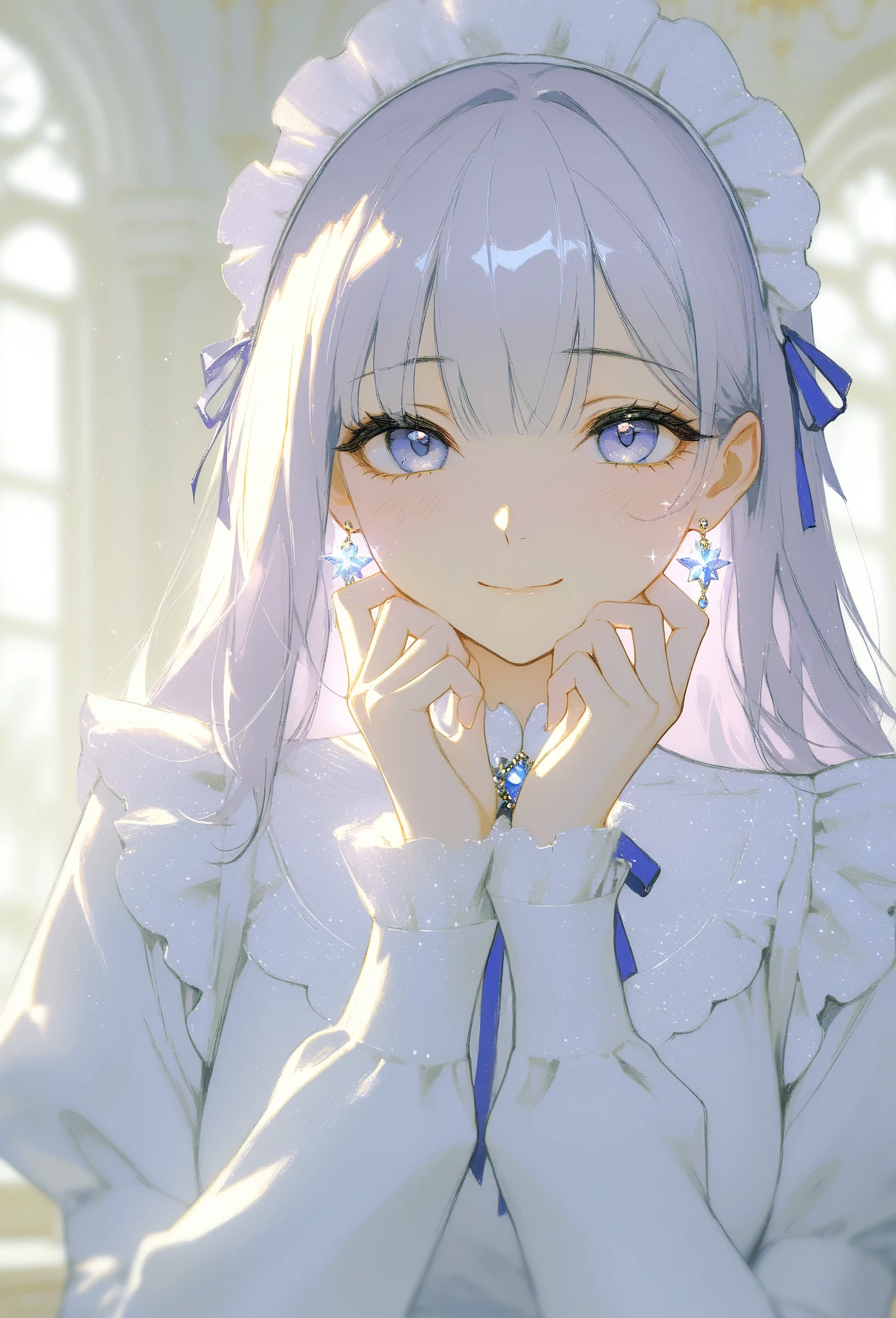 (masterpiece, best quality, high resolution, 8k, detailed),(masterpiece, best quality, high resolution, 8k, detailed), A cheerful young girl with light lavender hair styled in straight bangs, wearing a blue and white maid outfit. She has a soft smile and is making a peace sign with her fingers close to her face, exuding a playful and endearing energy. Her large, gentle eyes have a hint of sparkle, with a light blush on her cheeks. A heart-shaped decoration floats beside her, adding to the lighthearted, warm atmosphere. The colors are soft and muted, with a painterly style that brings out a sense of nostalgia and charm