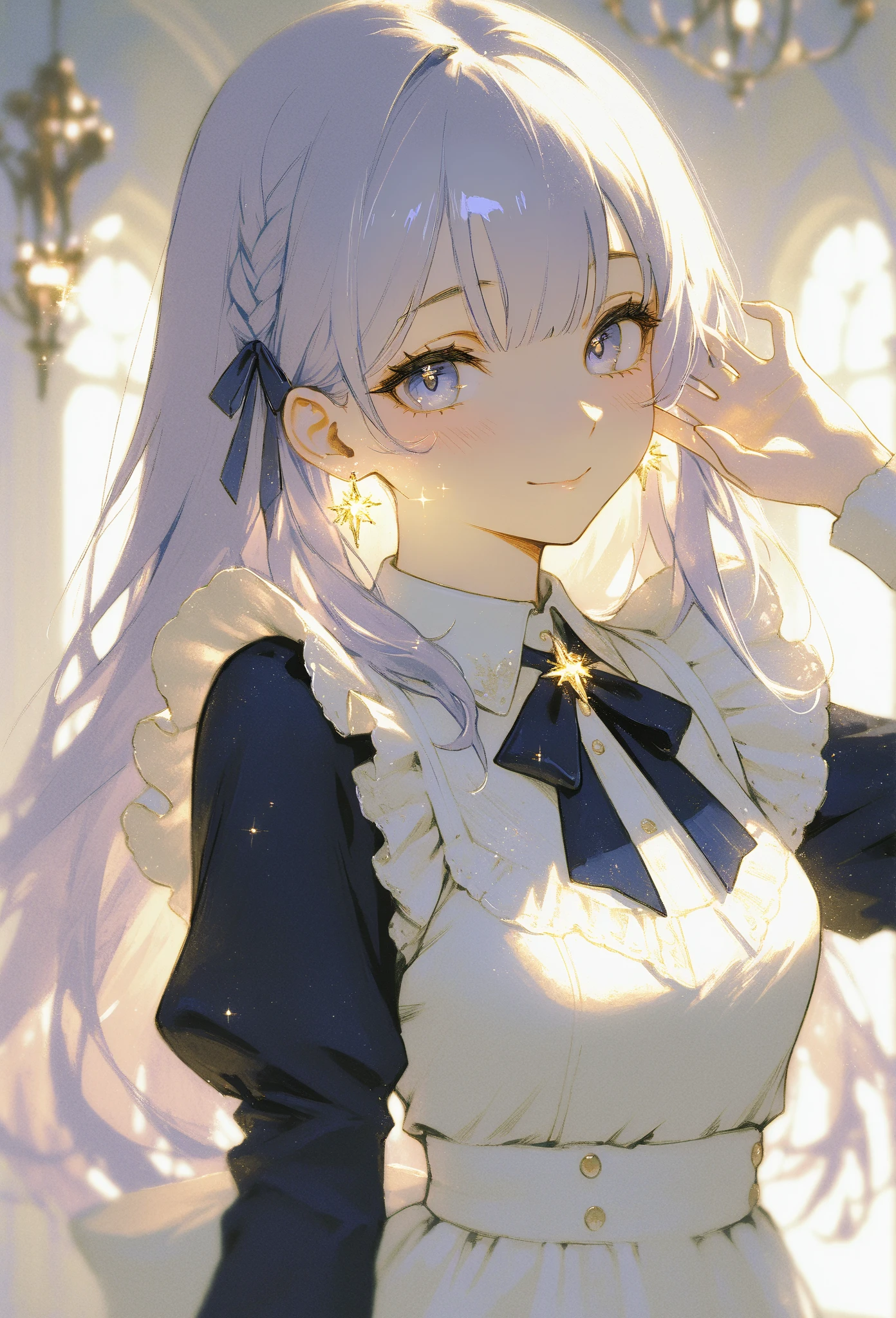 (masterpiece, best quality, high resolution, 8k, detailed),(masterpiece, best quality, high resolution, 8k, detailed), A cheerful young girl with light lavender hair styled in straight bangs, wearing a blue and white maid outfit. She has a soft smile and is making a peace sign with her fingers close to her face, exuding a playful and endearing energy. Her large, gentle eyes have a hint of sparkle, with a light blush on her cheeks. A heart-shaped decoration floats beside her, adding to the lighthearted, warm atmosphere. The colors are soft and muted, with a painterly style that brings out a sense of nostalgia and charm