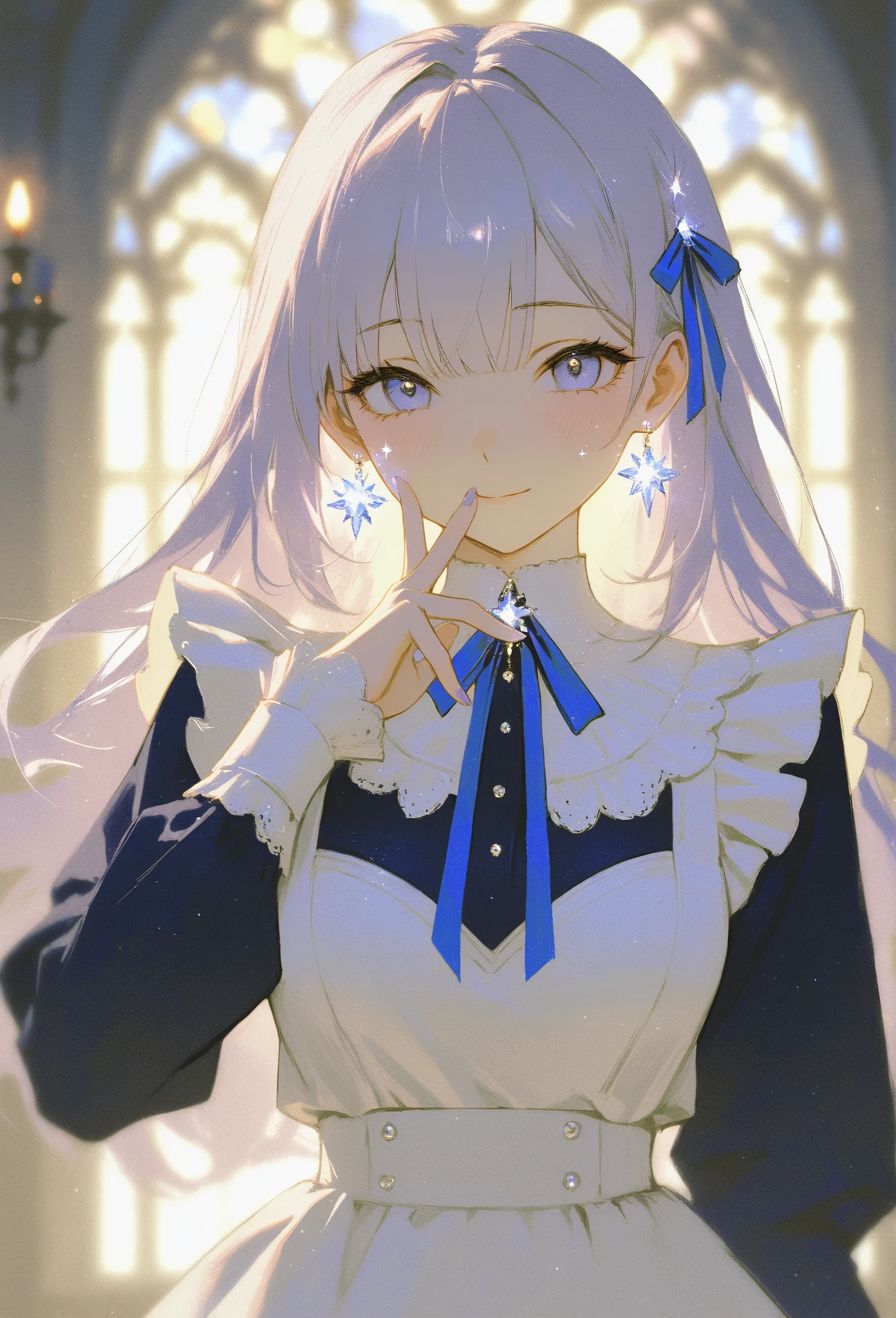 (masterpiece, best quality, high resolution, 8k, detailed),(masterpiece, best quality, high resolution, 8k, detailed), A cheerful young girl with light lavender hair styled in straight bangs, wearing a blue and white maid outfit. She has a soft smile and is making a peace sign with her fingers close to her face, exuding a playful and endearing energy. Her large, gentle eyes have a hint of sparkle, with a light blush on her cheeks. A heart-shaped decoration floats beside her, adding to the lighthearted, warm atmosphere. The colors are soft and muted, with a painterly style that brings out a sense of nostalgia and charm