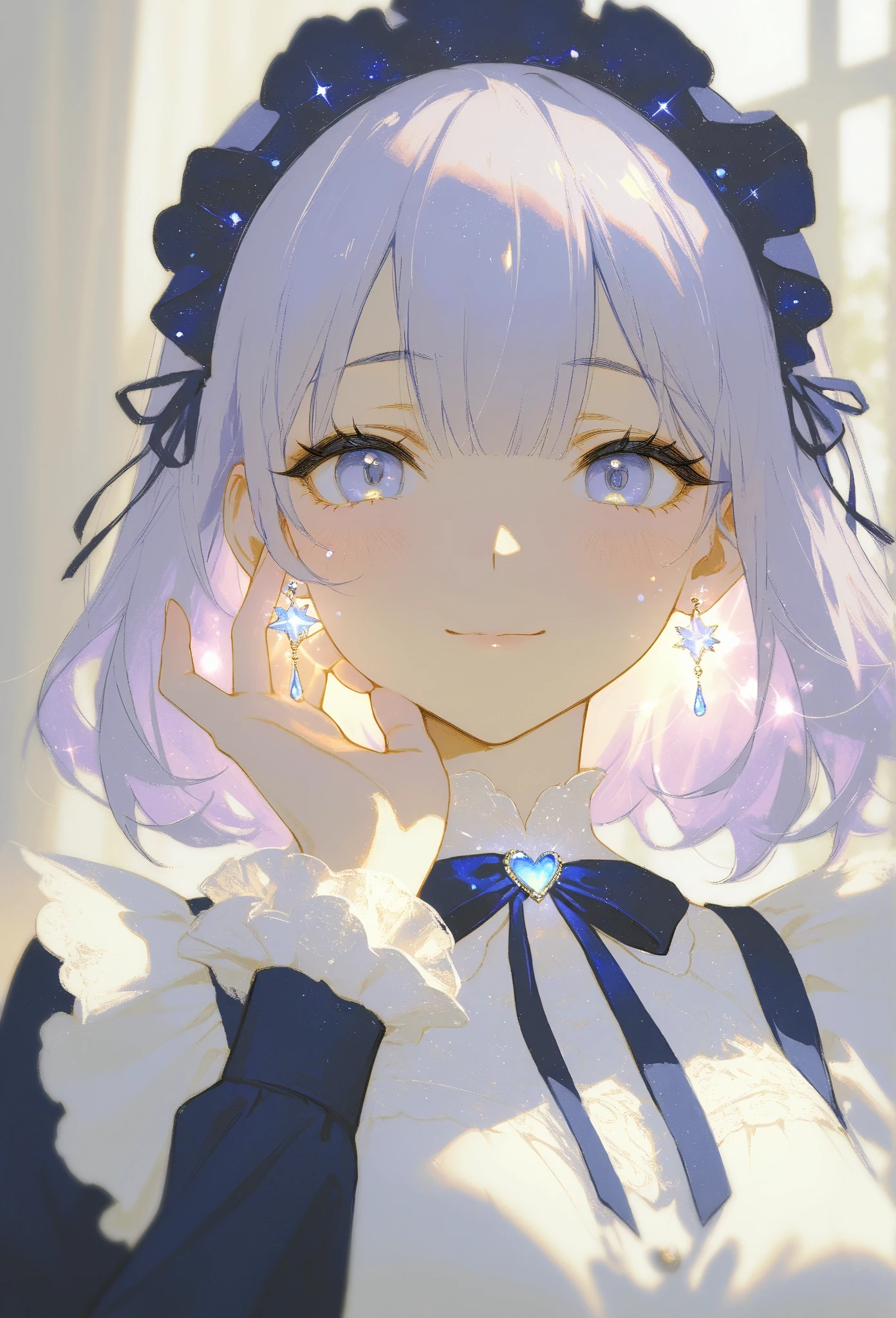 (masterpiece, best quality, high resolution, 8k, detailed),(masterpiece, best quality, high resolution, 8k, detailed), A cheerful young girl with light lavender hair styled in straight bangs, wearing a blue and white maid outfit. She has a soft smile and is making a peace sign with her fingers close to her face, exuding a playful and endearing energy. Her large, gentle eyes have a hint of sparkle, with a light blush on her cheeks. A heart-shaped decoration floats beside her, adding to the lighthearted, warm atmosphere. The colors are soft and muted, with a painterly style that brings out a sense of nostalgia and charm