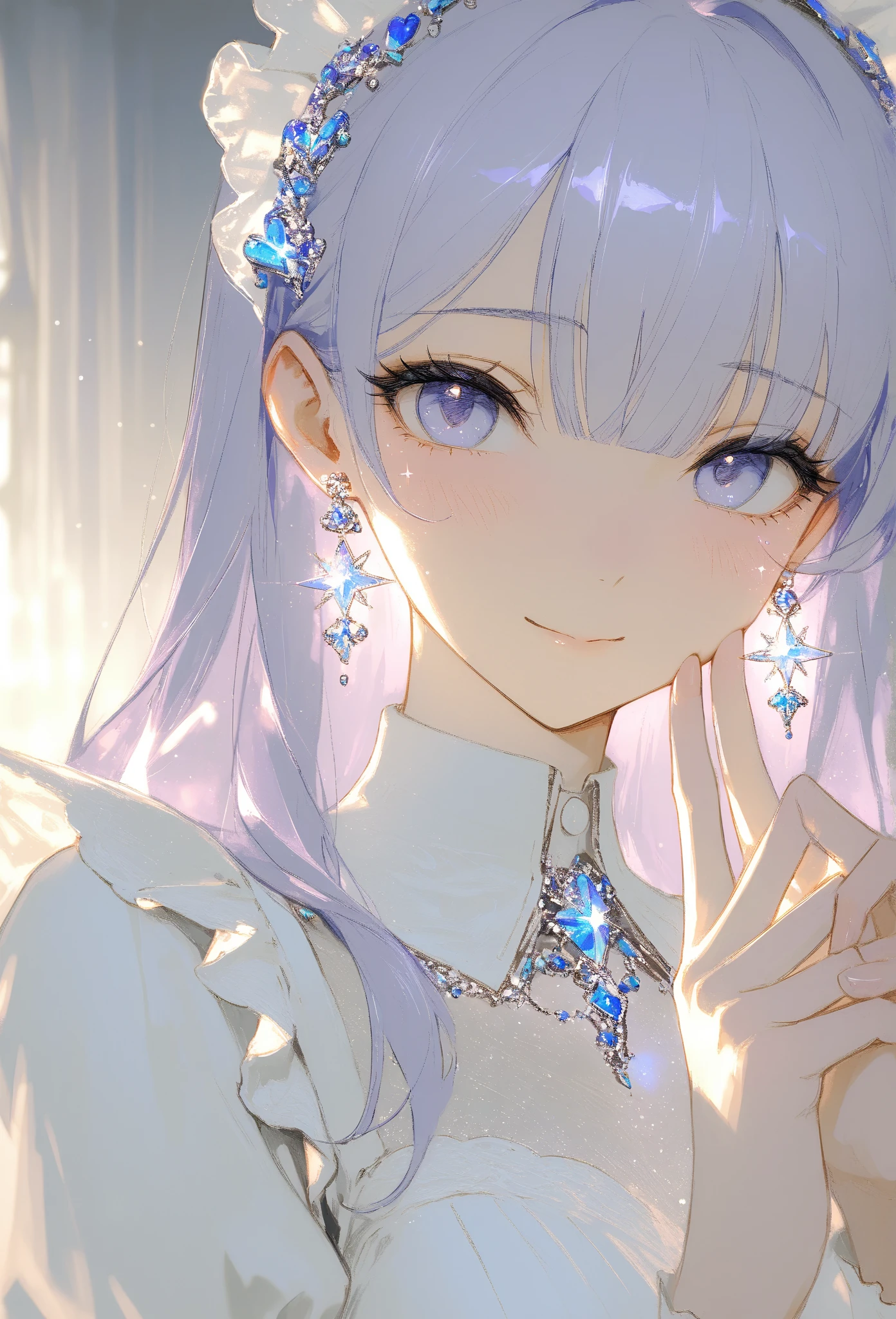 (masterpiece, best quality, high resolution, 8k, detailed),(masterpiece, best quality, high resolution, 8k, detailed), A cheerful young girl with light lavender hair styled in straight bangs, wearing a blue and white maid outfit. She has a soft smile and is making a peace sign with her fingers close to her face, exuding a playful and endearing energy. Her large, gentle eyes have a hint of sparkle, with a light blush on her cheeks. A heart-shaped decoration floats beside her, adding to the lighthearted, warm atmosphere. The colors are soft and muted, with a painterly style that brings out a sense of nostalgia and charm