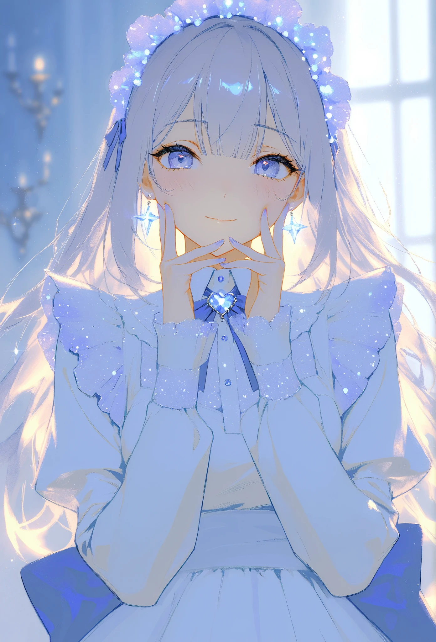 (masterpiece, best quality, high resolution, 8k, detailed),(masterpiece, best quality, high resolution, 8k, detailed), A cheerful young girl with light lavender hair styled in straight bangs, wearing a blue and white maid outfit. She has a soft smile and is making a peace sign with her fingers close to her face, exuding a playful and endearing energy. Her large, gentle eyes have a hint of sparkle, with a light blush on her cheeks. A heart-shaped decoration floats beside her, adding to the lighthearted, warm atmosphere. The colors are soft and muted, with a painterly style that brings out a sense of nostalgia and charm