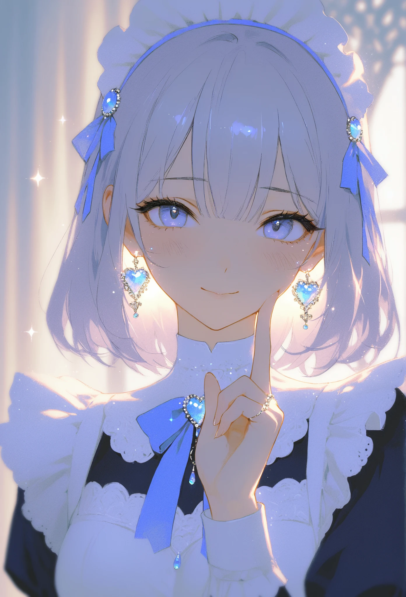 (masterpiece, best quality, high resolution, 8k, detailed),(masterpiece, best quality, high resolution, 8k, detailed), A cheerful young girl with light lavender hair styled in straight bangs, wearing a blue and white maid outfit. She has a soft smile and is making a peace sign with her fingers close to her face, exuding a playful and endearing energy. Her large, gentle eyes have a hint of sparkle, with a light blush on her cheeks. A heart-shaped decoration floats beside her, adding to the lighthearted, warm atmosphere. The colors are soft and muted, with a painterly style that brings out a sense of nostalgia and charm