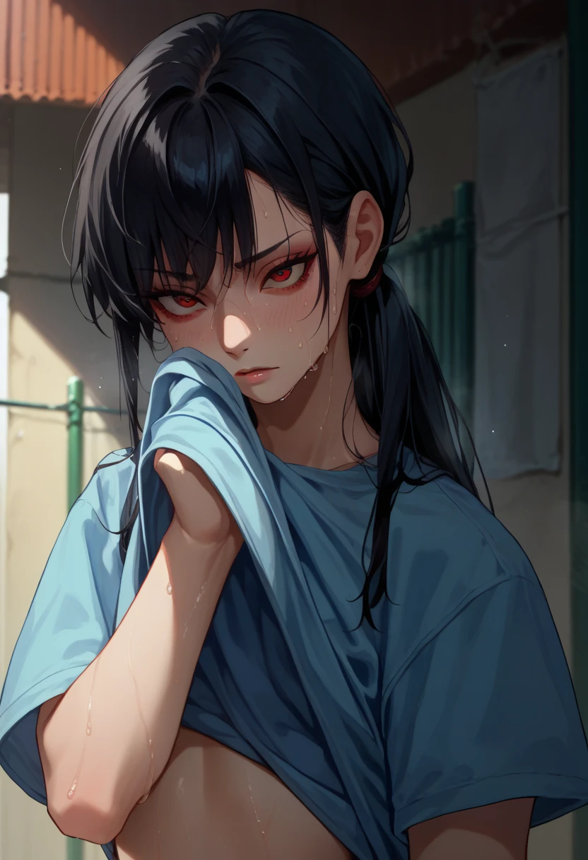 score_9, score_8_up, score_7_up, 1girl, wiping face, wiping sweat, lifted by self, shirt lift, shirt, upper body, sweat, long hair, red eyes, black hair,