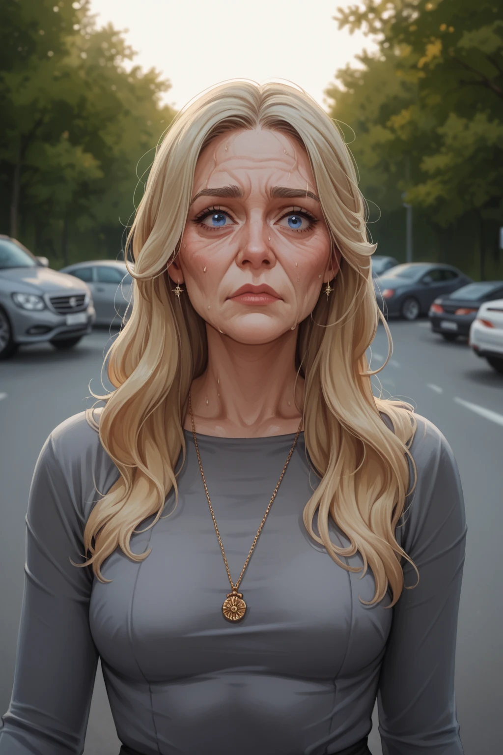 score_9, score_8_up, score_7_up,, (middle aged woman with some wrinkles) , sweating, shoulder length gray|blonde hair, dark blue eyes, gray tight dress, near car, very unsure_anxious, hand on arm