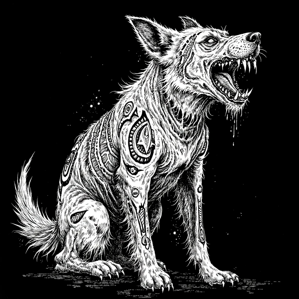 Create a detailed, grotesque black and white pen ink illustration in the style of Mark Riddick. The central figure is a fierce, snarling dog with intricate tribal Indian motifs adorning its body, symbolizing strength and ferocity. The dog's fur is wild and unkempt, with sharp, exaggerated features and detailed textures. The background is deep black, making the white ink lines of the dog stand out starkly. The image should reflect Riddick's signature dark, horror-influenced aesthetic, with sharp, intricate linework and an intense, aggressive vibe.