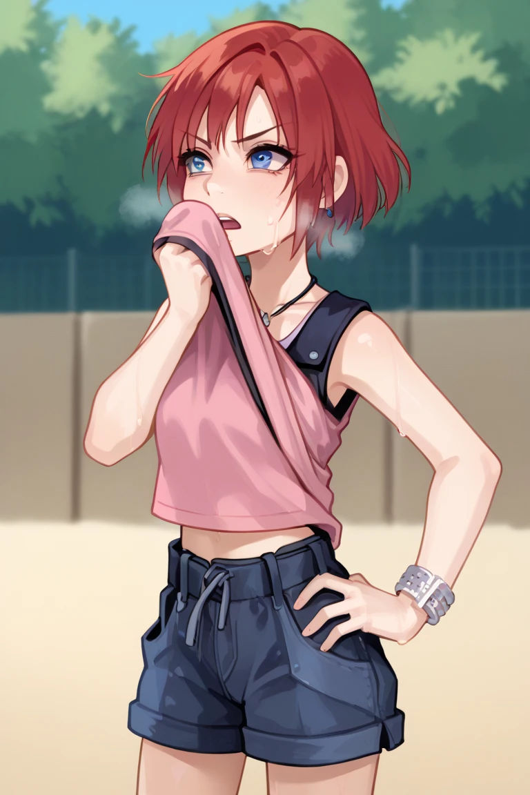 score_9, score_8_up, source_anime, highly detailed, 1girl, solo,
kairi, 1girl, solo, blue eyes, jewelry, boots, necklace, short hair, red hair, pink tanktop, black short shorts, half body,
outdoor, hands on hips, out of breath, sweaty, frustrated expression,  open mouth, wiping face, wiping sweat, lifted by self, shirt lift, shirt, sweat, 