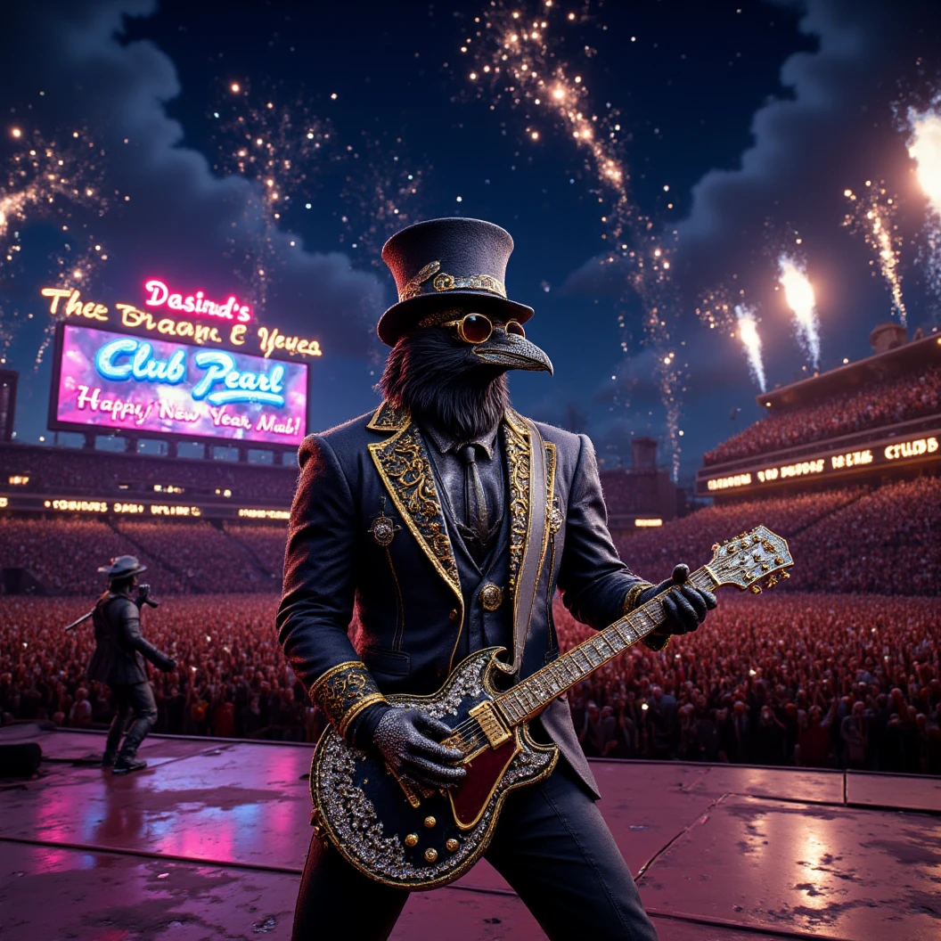 Muscular Anthropomorphic raven donned in intricate black suit with gold trim made of diamonds and a black diamond fedora. Diamonds cover his beak. Dynamically singing and guitar playing. Wears large sunglasses. Obsidian, the lead singer and guitarist of the "Obsidian Flow Project", printed on the bass drum. Dynamically sings to a retro style microphone while dynamically playing his guitar. Spotlight on him. Behind the open air stage, a neon sign says "Live from Club Pearl". Fireworks burst. New Years Eve stadium concert, with a huge crowd cheering at him, facing him. Facing the crowd. The phrase "Happy New Year, MAB!!!" flashes on the stadium jumbotron. Dynamic blues band scene, dynamic pose, High Resolution, Masterpiece, Cinematic, Character Design, Hyperdetailed, Cinematography,  cinematic lighting, Depth Of Field, Sparkle, Ray Tracing, Image Fill, Realistic posing