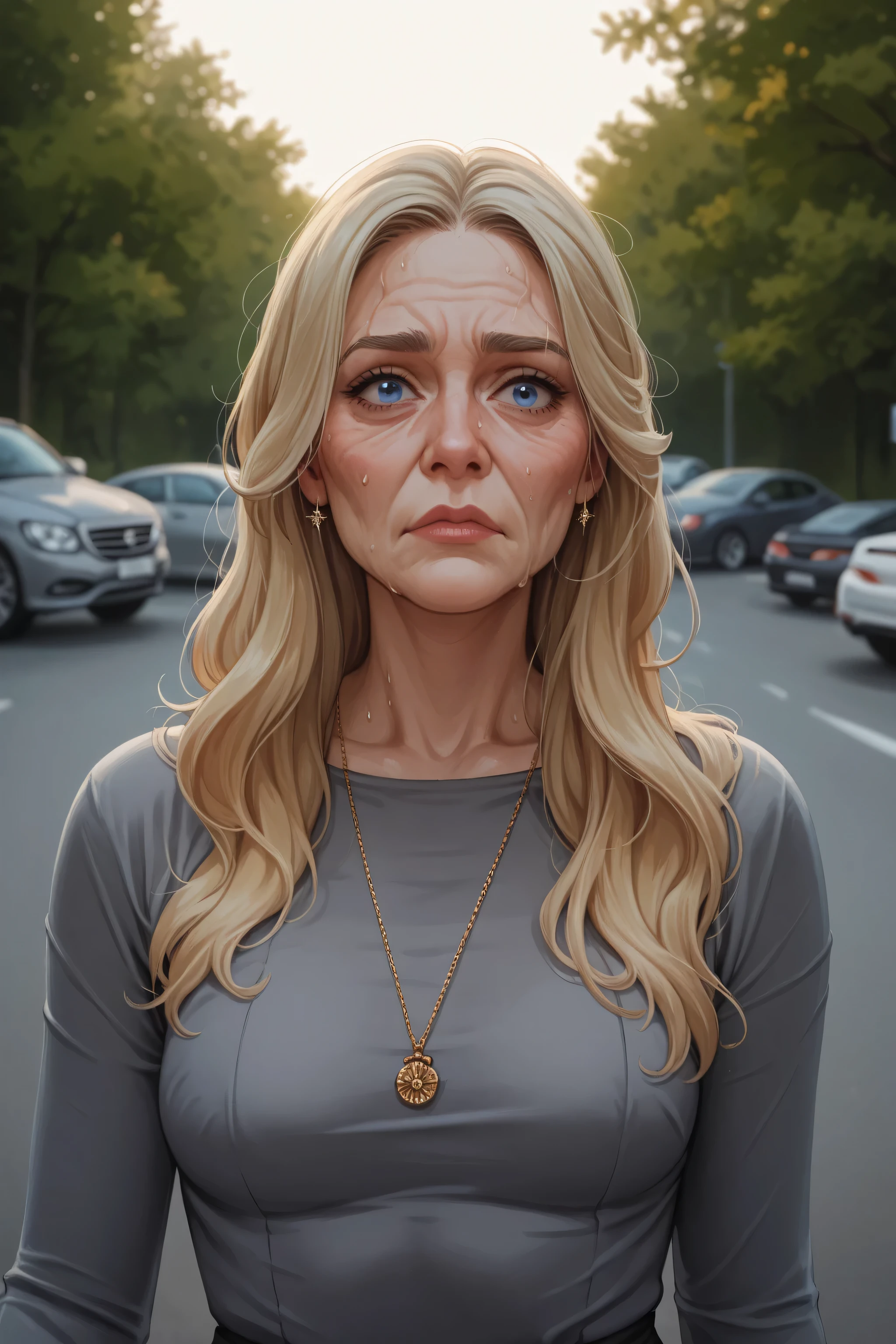 score_9, score_8_up, score_7_up,, (middle aged woman with some wrinkles) , sweating, shoulder length gray|blonde hair, dark blue eyes, gray tight dress, near car, very unsure_anxious, hand on arm