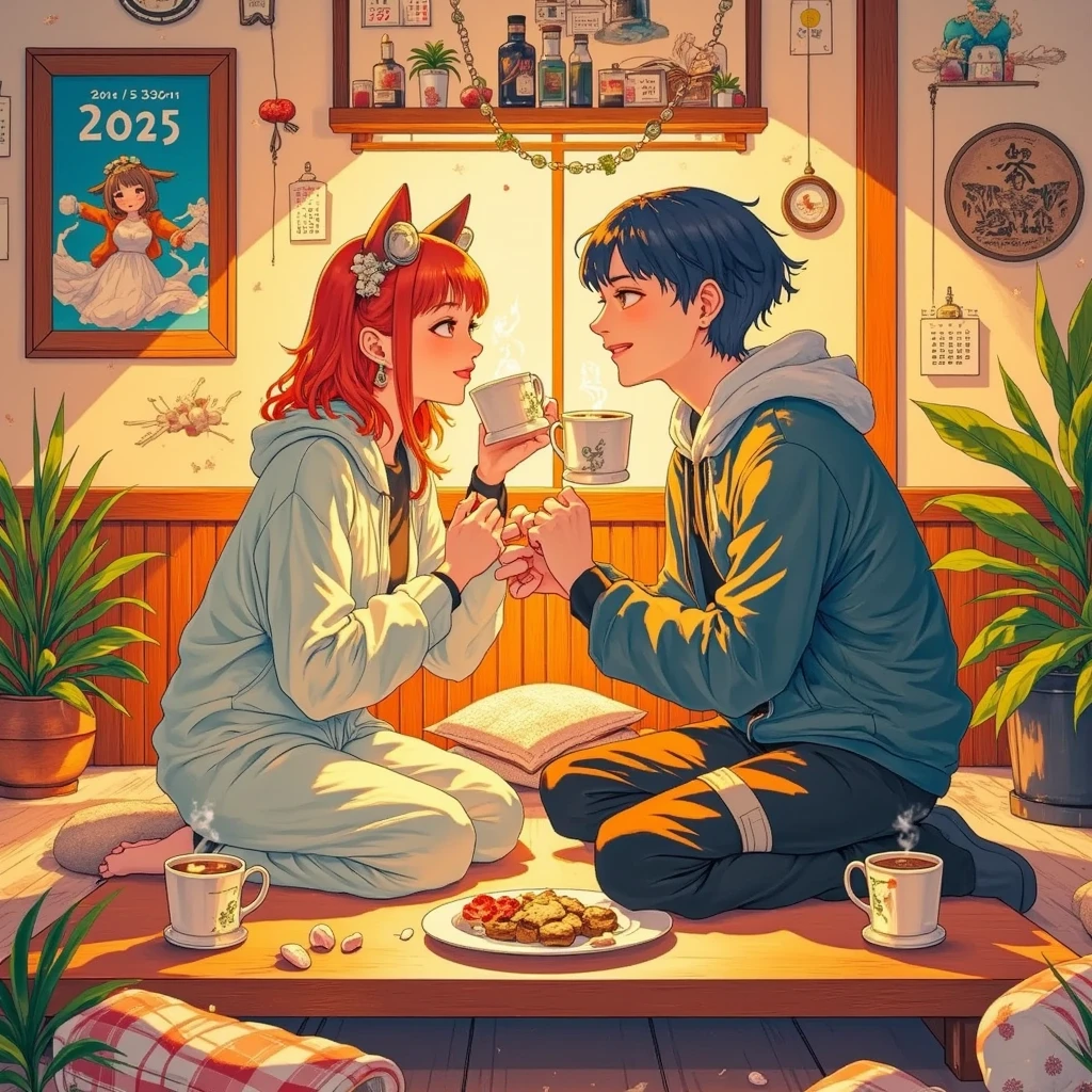 (masterpiece, top quality :1.2),(beautiful hands),winter,very small new year party of one couple,a cute cat-eared girl/(red-brown hair,casual room wear),a human boy/(black hair,casual room wear),they are talking and drink hot cocoa at Japanese Kotatsu,There is (a calendar of 2025) on the wall,(big smile,joyful moment),Hand-drawn illustration, Intense colors, stylish anime,Very happy atmosphere