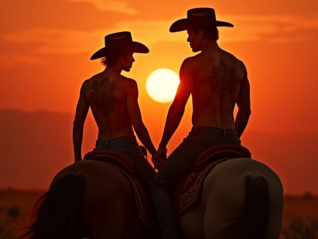 A naked beautiful girl and a naked guy with a tattoo at his back. The tattoo say Jackson. The guy making baby with the horse