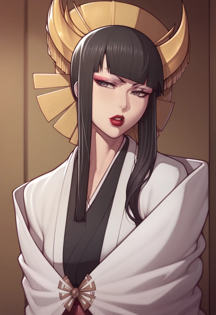 Asura style, senjumaru shutara, long hair, bangs, blunt bangs, black hair, sidelocks, black eyes, makeup, lipstick, red lipstick, cowboy shot, japan room background