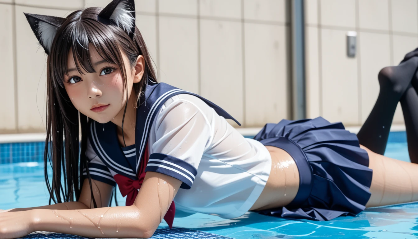  1 Japanese ************************* wearing a wet uniform、masterpiece 、  top quality  、 Super high resolution、 realistic、 beautiful lighting arranged in an orderly manner、  RAW photos 、4K Ultra HD、  super detailed face、Clear Face、Detailed eye、 beautiful eyes、1080P、 Silver Hair 、 horny 、Japanese ***************** girl in wet uniform 、 cute expression 、cat ears、 white gloves、(((Large amounts of  on the buttocks 、 taut chest)))、(((Wet school uniform、 uniform worn by a wet Japanese ***************** girl 、  navy sailor color 、No shirt、 wet pleated skirt 、wet school swimsuit、loose high socks )))、(( rear view、Inside a small pool 、prone bone、 semi-long skirtクローズアップ))、(( underboob))、( Perfect Anatomy)、 break ((Upper eyelid)),Stretching legs、Elementary school uniform 、 semi-long skirt、Japanese female ************************** wearing school swimsuits  ,  thin beautiful thighs 、 beautifully manicured hair 、 oily skin 