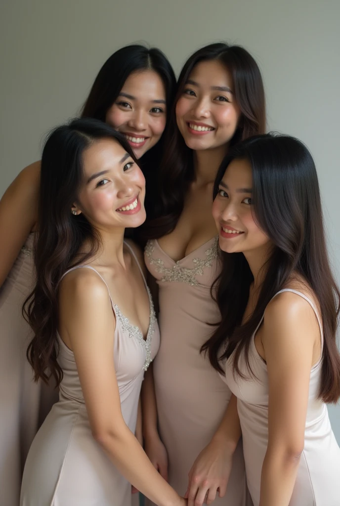 (A close-up photo of three beautiful Japanese office ladies), Everyone looking at the viewer, In a large office, (All smiling), Highest Resolution, masterpiece, (All wearing elegant formal white high-neck blouse, and panties), All wearing earrings, (exposing thigh)