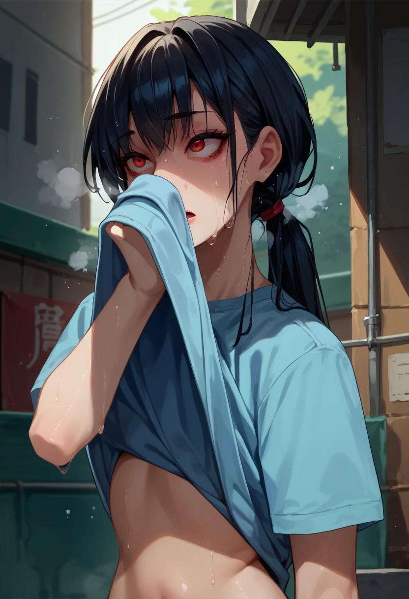 score_9, score_8_up, score_7_up, 1girl, wiping face, wiping sweat, lifted by self, shirt lift, shirt, upper body, sweat, long hair, red eyes, black hair, open mouth, out of breath 