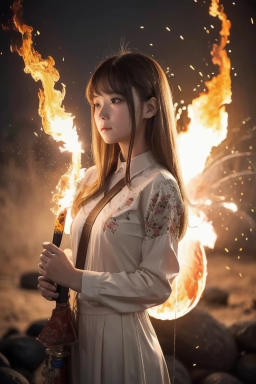8K、Top image quality、​masterpiece、25-years old、(1 adult female)、White Off Shoulder Dress、Horror style、High-speed shutter、motion-blur、Action Figures、angry expressions、The dim、A knife with blood glows suspiciously、various parts of the body are cut out and bleeding,,、Blood vessels in the chest are faintly visible、There is also a lot of blood in clothes、She's pretty excited、She holds a knife in the dim light、Glaring at us from above、Camera from below
