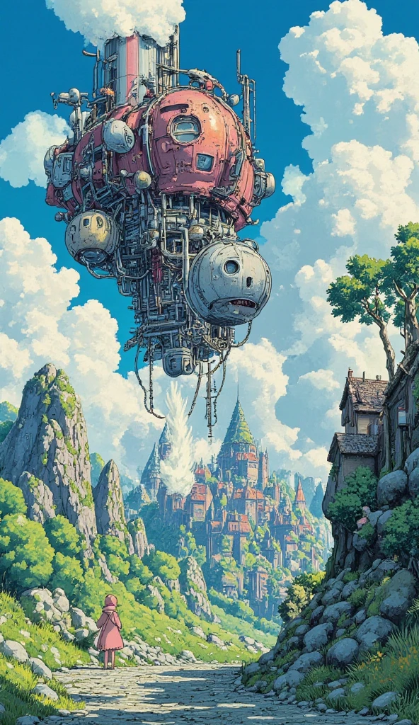 Steampunk style, A floating castle in the sky, designed to be the silhouette of a whale .  The structure is a complex fusion of mechanical parts  , Gear, 、Steam-powered engine  ,  A fange-shaped steam pipe with large metal legs similar to  , , the front  , 、.   The main body of the castle combines industrial elements with whimsical elements ,  fantasy design ,   is fused together A small house built on the side  .    In the background、Towering Tree々 lush green  ,   A grassy plain with rocky terrain and a blue sky full of clouds  ,  mysterious in another dimension,   evokes a cinematic vibe, Studio Ghibli's art style cent .