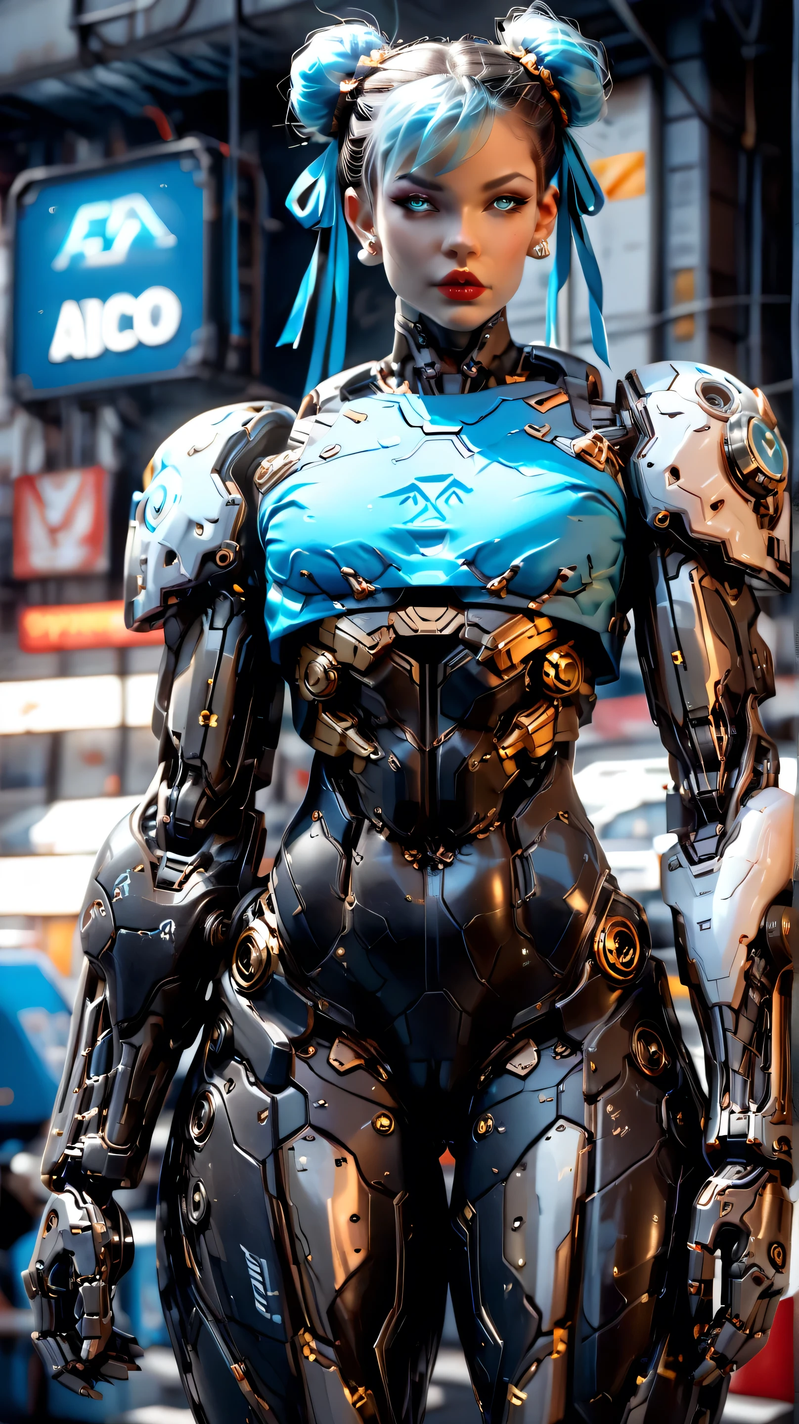 (nsfw:1), (Uncensored:1), score_9, score_8_up, score_7_up, (Three Quarters Shot), (1 girl), (Cyborg Chun-Li), beautiful age (skinny) muscular Asian cyborg girl, (bio-mecha:1.25), (huge upper body:1.75), (mechanical Cyborg arms:1.65), (mechanical Cyborg jaw:1.25), ((skinny waist & torso:1.5)), (blue glowing eyes:1.25), (black sclera:1.25), (beautiful face:1.25), (flat chest:1.25), (blue glowing hair:1.25), metallic, circuits, cables, bimbo lips, 2 hair buns, high res, standing, hand bands, hand on hip, looking to the side, camel-toe, gothic neon style, cyber punk style, super realistic image, arm0rpunkv4, CyberRealistic_Negative_PONY