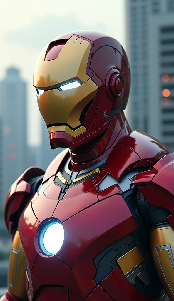 Real boy  with costume iron man with building background  standing post