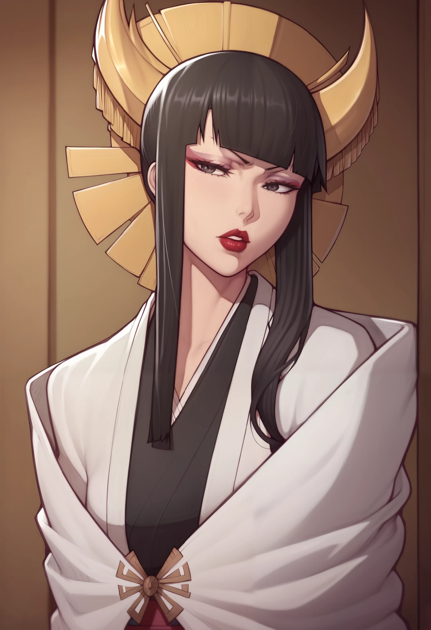 Asura style, senjumaru shutara, long hair, bangs, blunt bangs, black hair, sidelocks, black eyes, makeup, lipstick, red lipstick, cowboy shot, japan room background