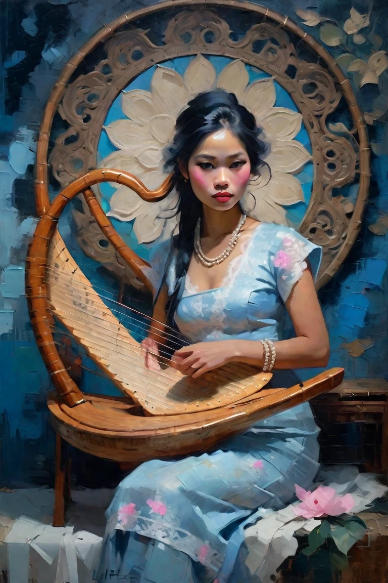 Create a contemporary portrait of a Burmese woman, with Traditional Burmese white lace dress, playing the Burmese Harp,in the
expressive and painterly style of Malcolm Liepke,
utilizing a palette of light pink, muted blue, dark
grayish blue, bright blue, very dark gray, and
light grayish blue.The portrait should feature a
close-up of the subject's face with strong,
dynamic
brushstrokes and a focus on capturing
the depth and texture characteristic of
Liepke's work. Use light pink and bright
blue for the highlights and vibrant
areas,while employing muted blue, dark
grayish blue, very dark gray, and light
grayish blue to create shadows and
depth. Ensure the background
complements
the portrait with subtle variations of the
same color 
palette, evoking a sense of modern
elegance and
emotional intensity