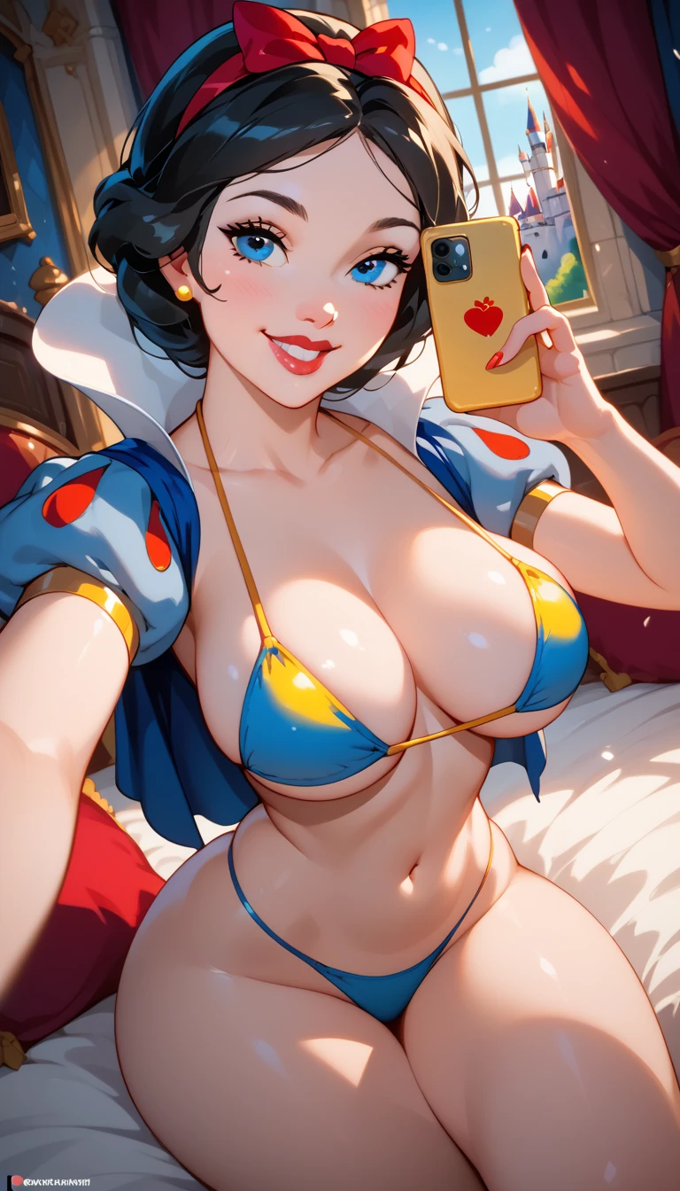 
 Snow White ,  Blue Eyes, (:1.1), Big breasts  ,tiny yellow bikini, exposed legs , thick thighs ,groin, up to the knee,  shiny and oily skin , Big breasts ,
Selfie,focus only,   half-closed eyes ,  smiling,very sexy and daring  ,brilliance, sitting on the bed, in the castle room, global lighting, vivid colors, 