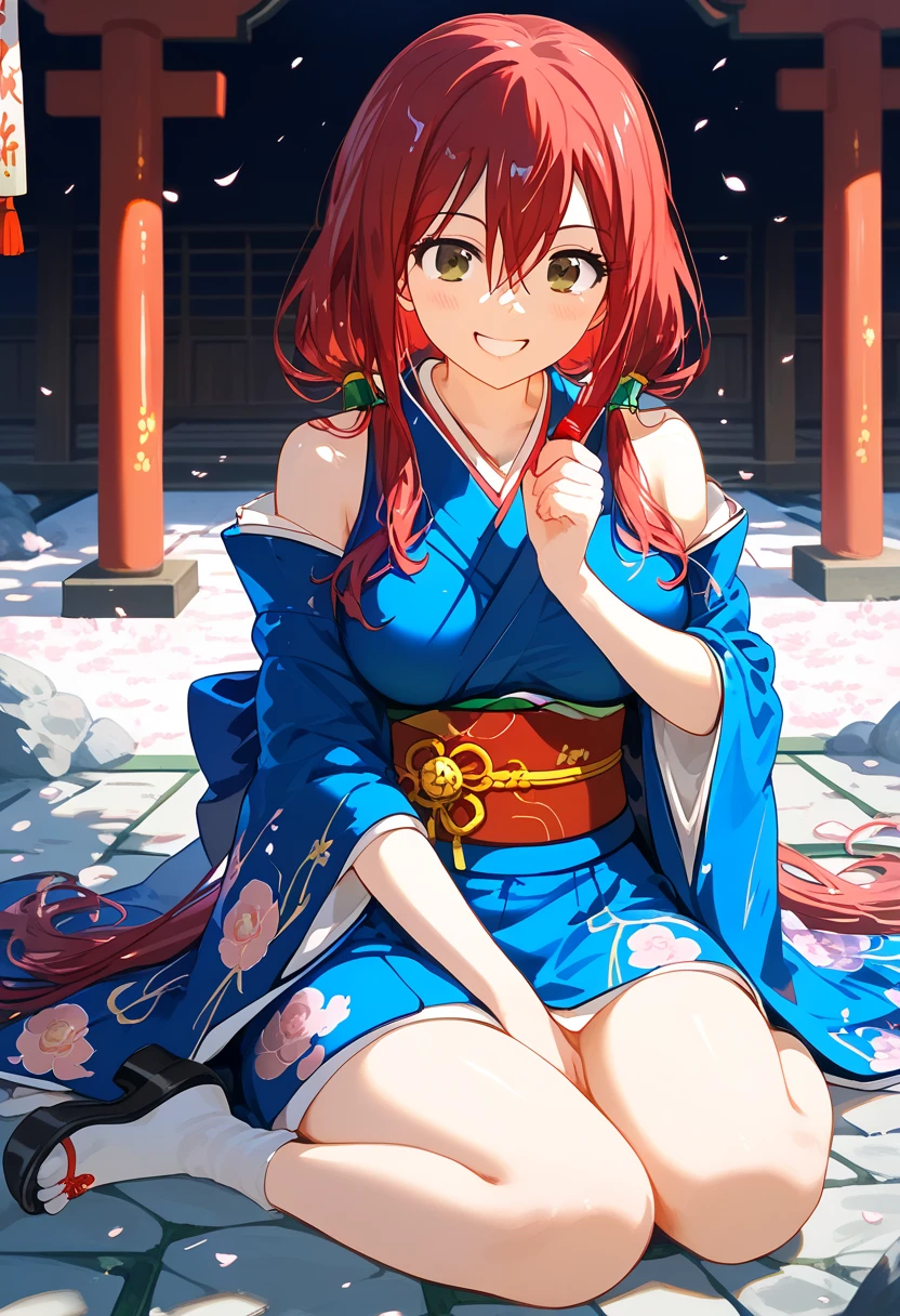 masterpiece, soft light, (((highest quality, perfect anatomy, full body,))), 1girl,  at shrine,  BREAK 

(((from front, kimono, furisode,))) (( sitting(Japanese seiza), happy, smile,)) place your hand in front of your stomach, BREAK

(super beautiful, cute, silky skin),  wahuku, BREAK 

erza scarlet, long hair, (((low twintails,))) red hair, hair between eyes, brown eyes, large breasts,    BREAK