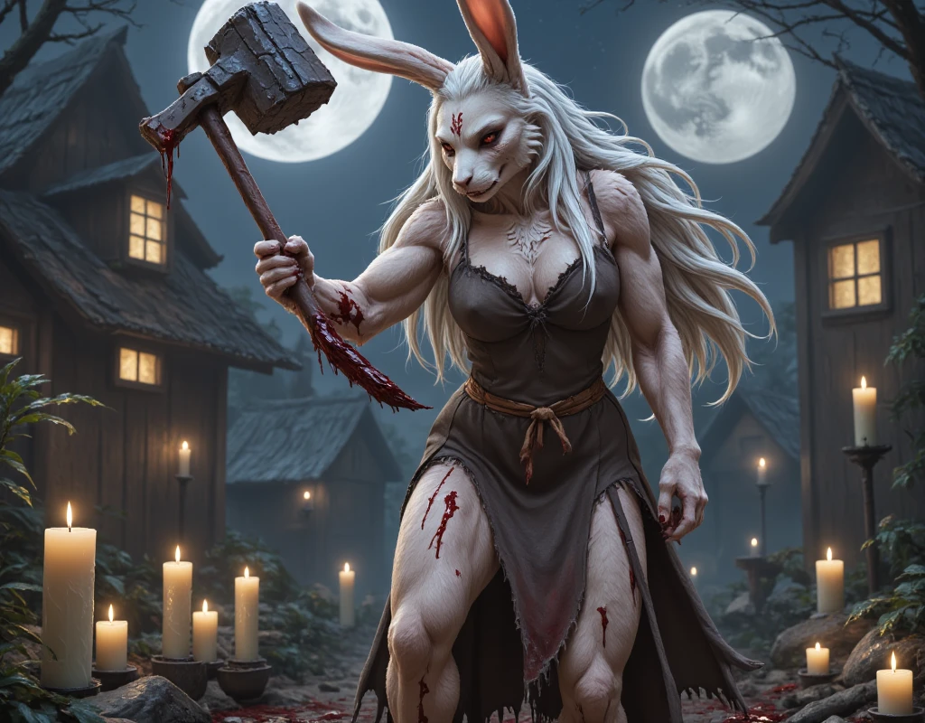 a beautiful rabbit woman with long white hair and a head with rabbit ears, a sadistic look, in peasant clothes, holding a large hammer with both hands, covered in blood and a full moon in the background, fantasy art, epic fantasy character art, concept art