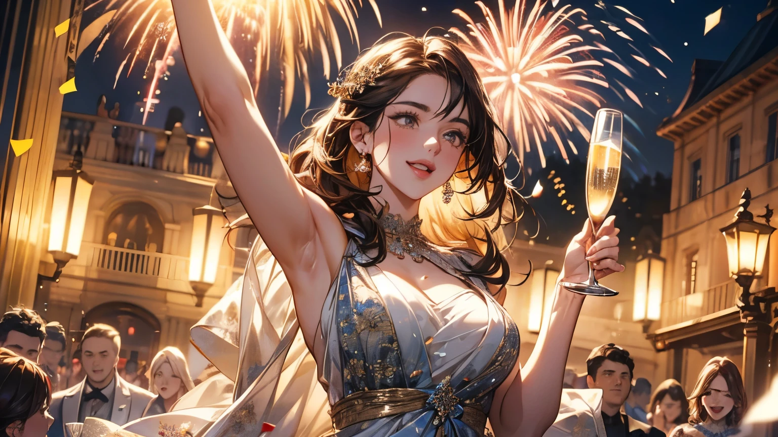 "happy New Year" with fireworks, beautiful female celebrating New Year's Eve party, detailed faces, long eyelashes, elegant dresses, holding champagne glasses and raising arms to celebrate, sparkling lights, confetti, festive decorations, warm lighting, cinematic, highly detailed, photorealistic, 8k, creating a vibrant impression, away from the camera, anatomically correct