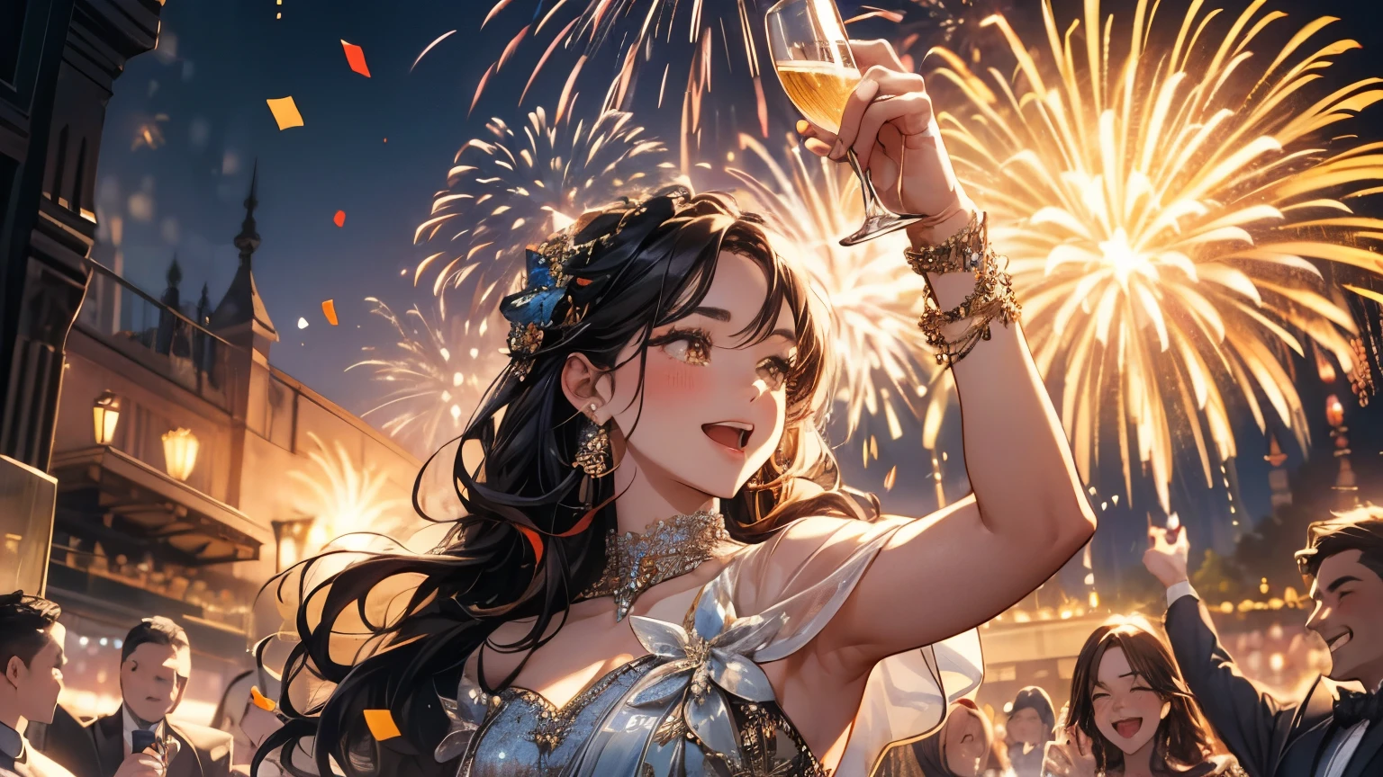 "happy New Year" with fireworks, beautiful female celebrating New Year's Eve party, detailed faces, long eyelashes, elegant dresses, holding champagne glasses and raising arms to celebrate, sparkling lights, confetti, festive decorations, warm lighting, cinematic, highly detailed, photorealistic, 8k, creating a vibrant impression, away from the camera, anatomically correct